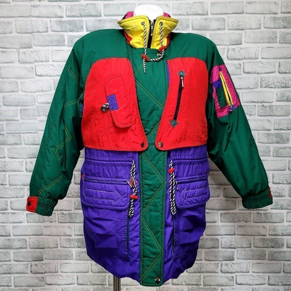 Vintage 80s‎ J. Gallery Colorblock Down Puffer Ski Jacket L Made in Korea Retro